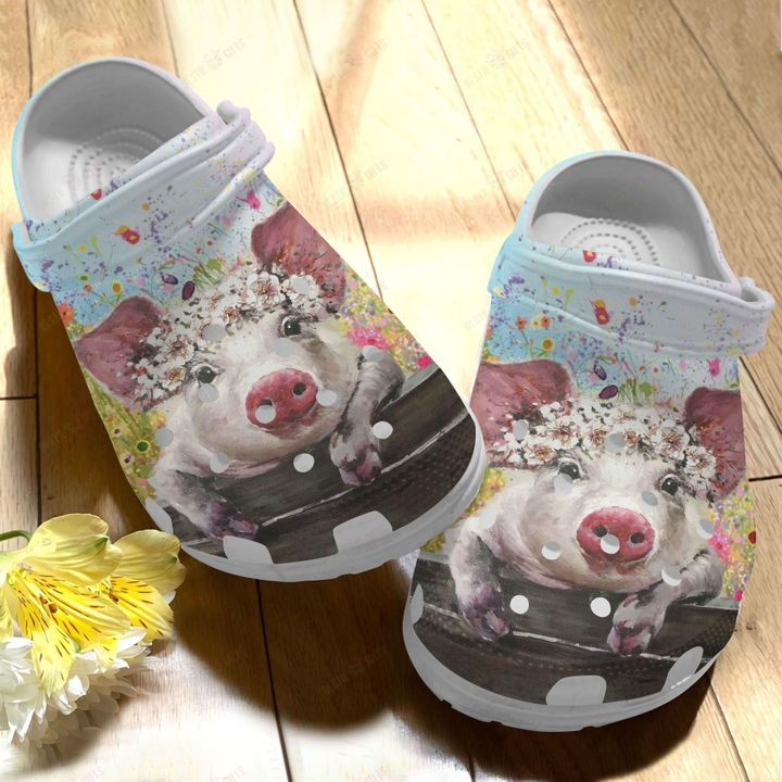 Pig Cute Pig And Wild Flowers Crocs Classic Clogs Shoes