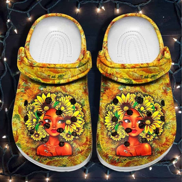 Black Girl Sunflower Hair Crocs Classic Clogs Shoes