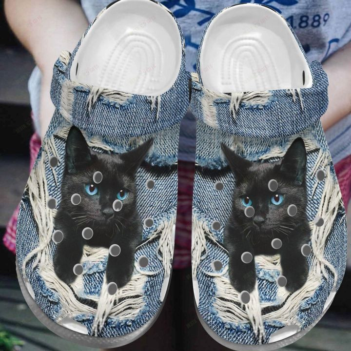 Black Cat White Sole Scratch Jean Crocs Classic Clogs Shoes