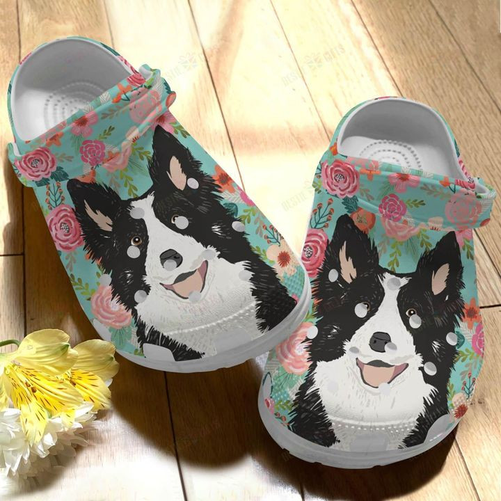 Border Collie Floral Background Crocs Classic Clogs Shoes