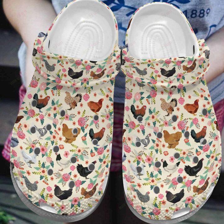 White Sole Chicken In Flower Garden Crocs Classic Clogs Shoes