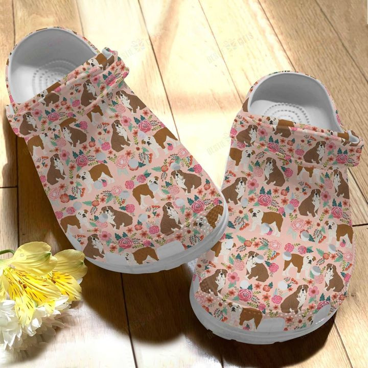 English Bulldog Floral Background Crocs Classic Clogs Shoes