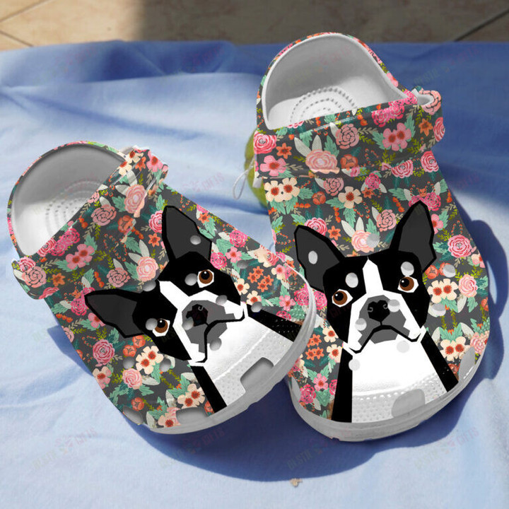 Floral Boston Terriers Dog Crocs Classic Clogs Shoes