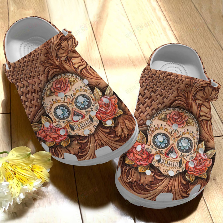 Skull Leather Crocs Classic Clogs Shoes