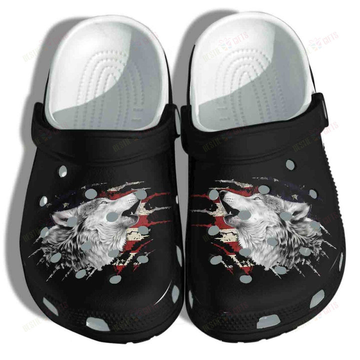 Wolf Scratch Art USA Flag Wolf America Flag 4th Of July Crocs Classic Clogs Shoes