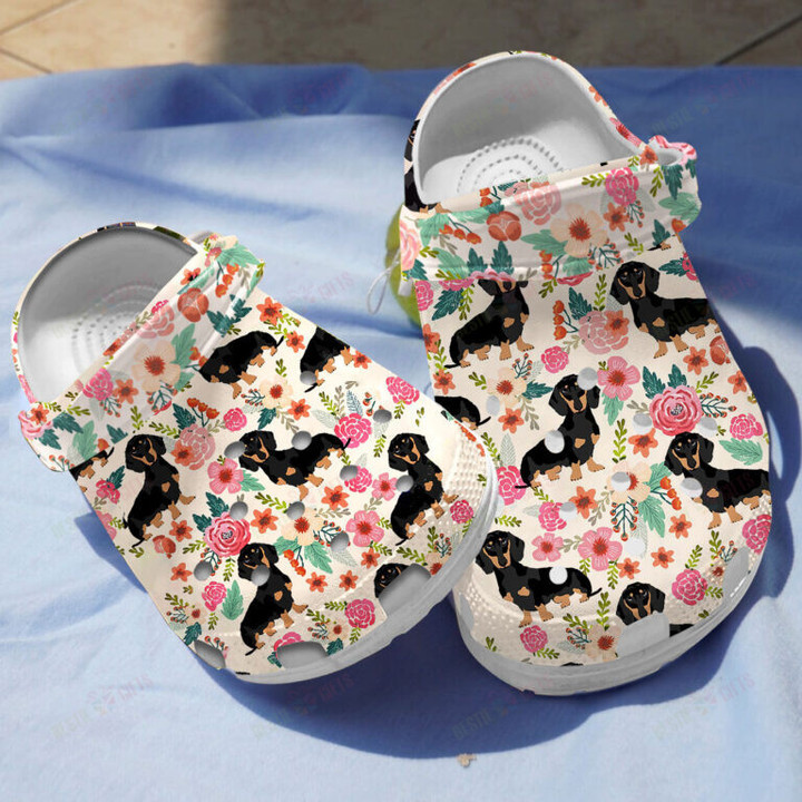 Black Dachshund Floral Crocs Classic Clogs Shoes