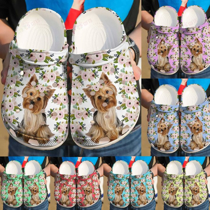 Cute Yorkie And Flower Crocs Classic Clogs Shoes