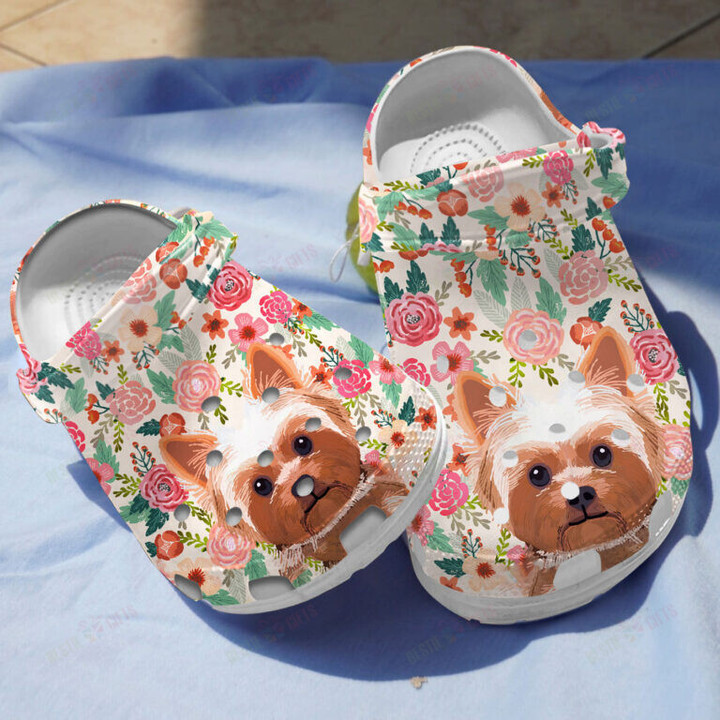 Yorkshire Terrier Floral Crocs Classic Clogs Shoes