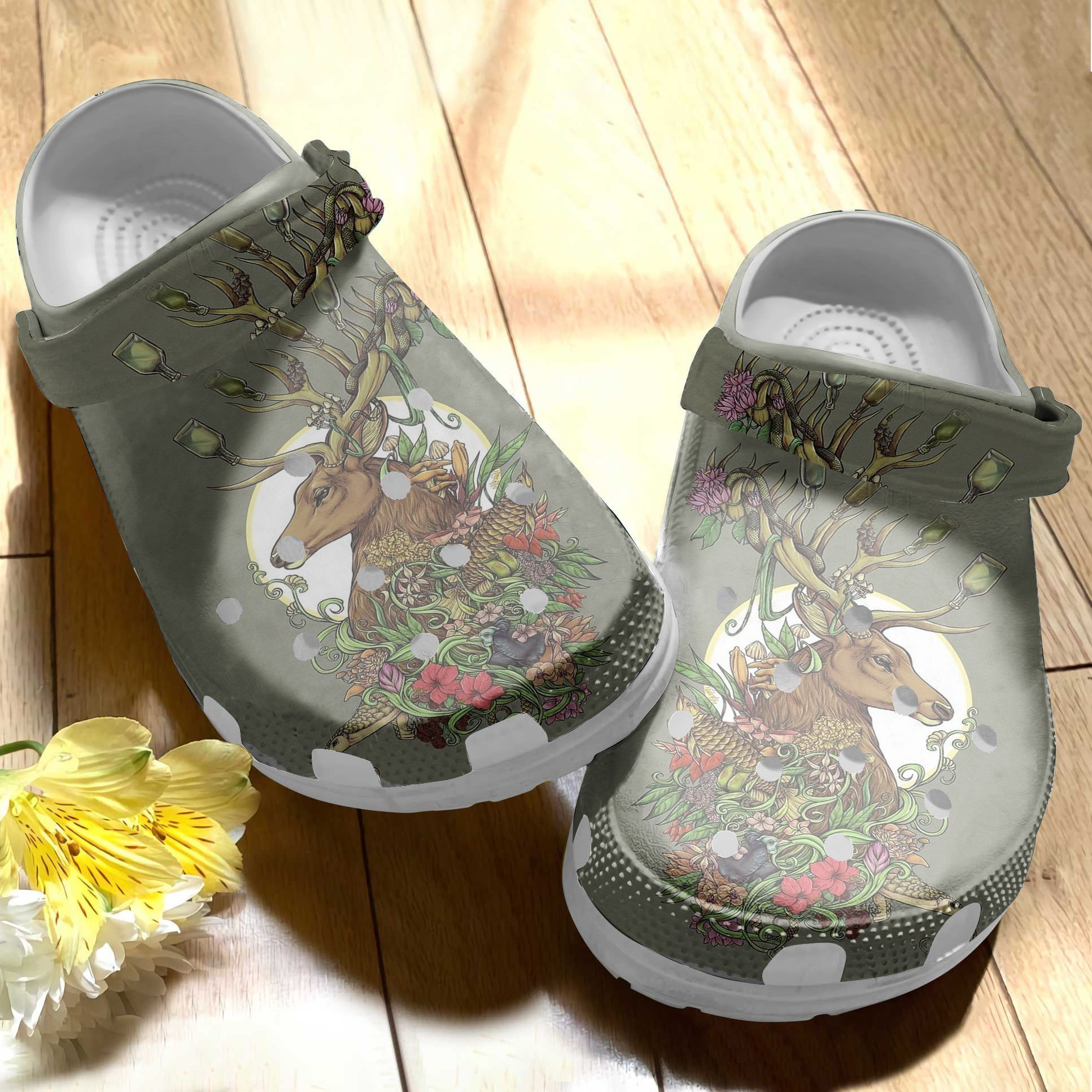 Wild Deer With Fish Flower Crocs Shoes Crocbland Clog