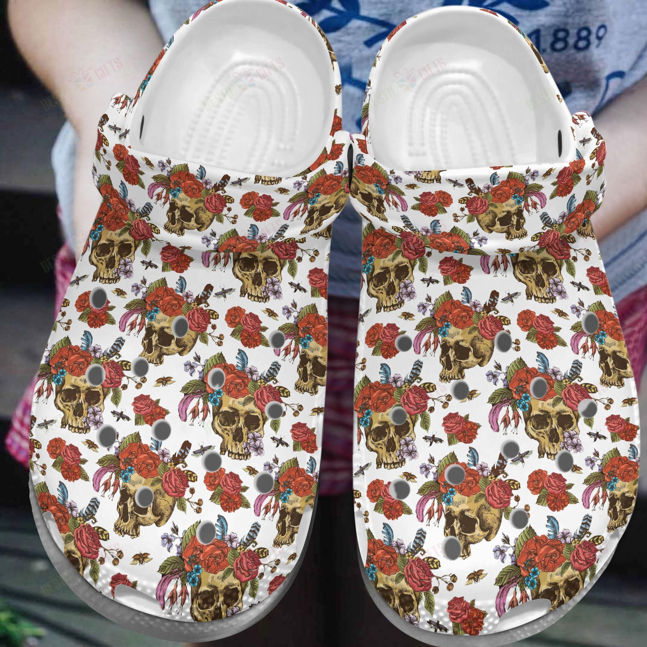 Skull Crocs Classic Clog Skull And Flowers Shoes