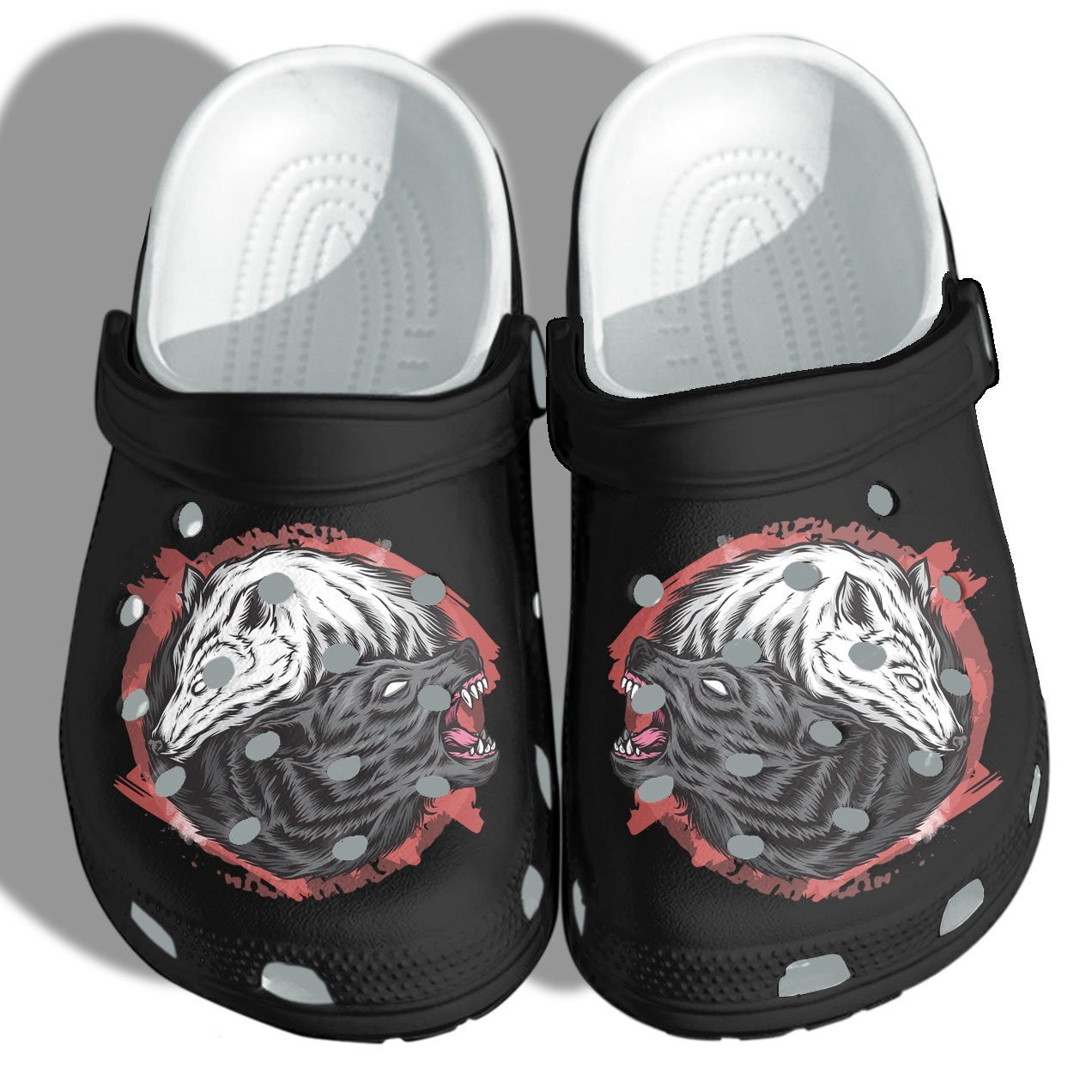 Wolf Couple Shoes Crocs Camping Black White Wolf Yin Yang Croc Shoes
