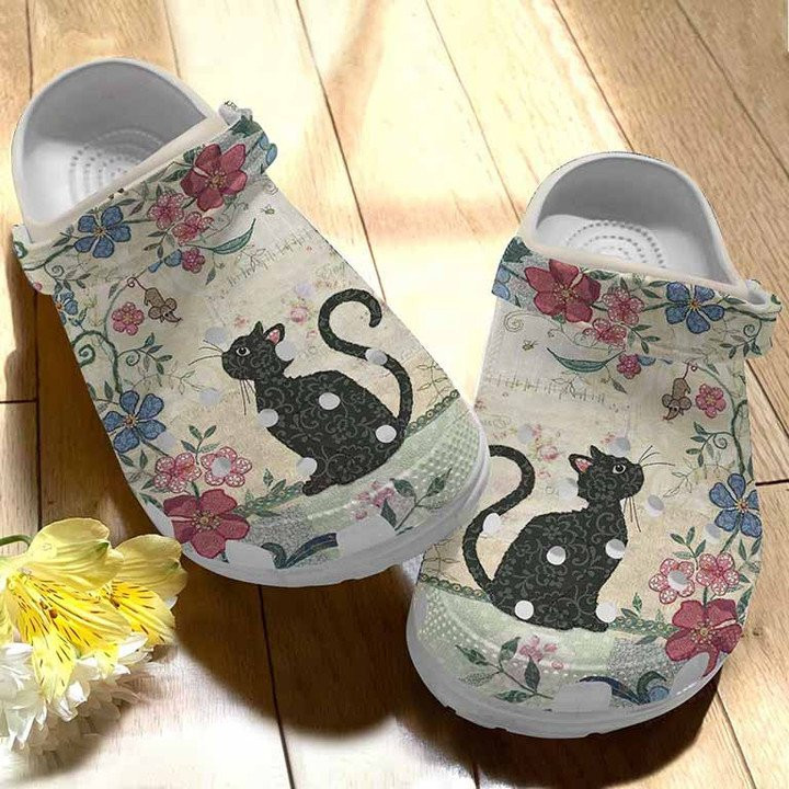 Blooming Black Cat Clogs Crocs Shoes