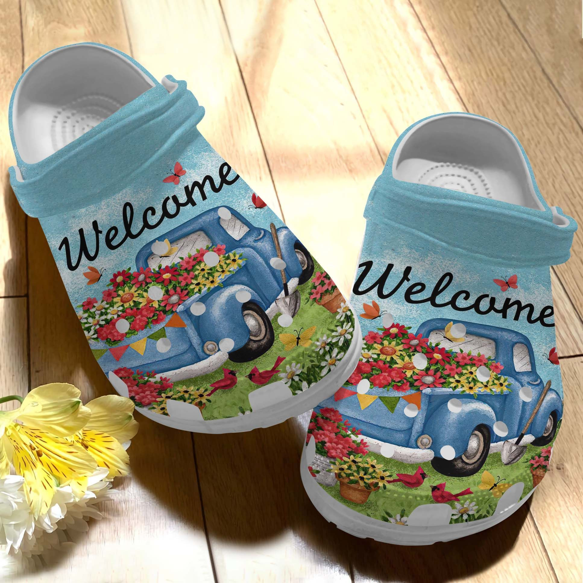 Welcome Camping Bus Shoes Clog Beautiful Flower Car Crocs Crocbland Clog