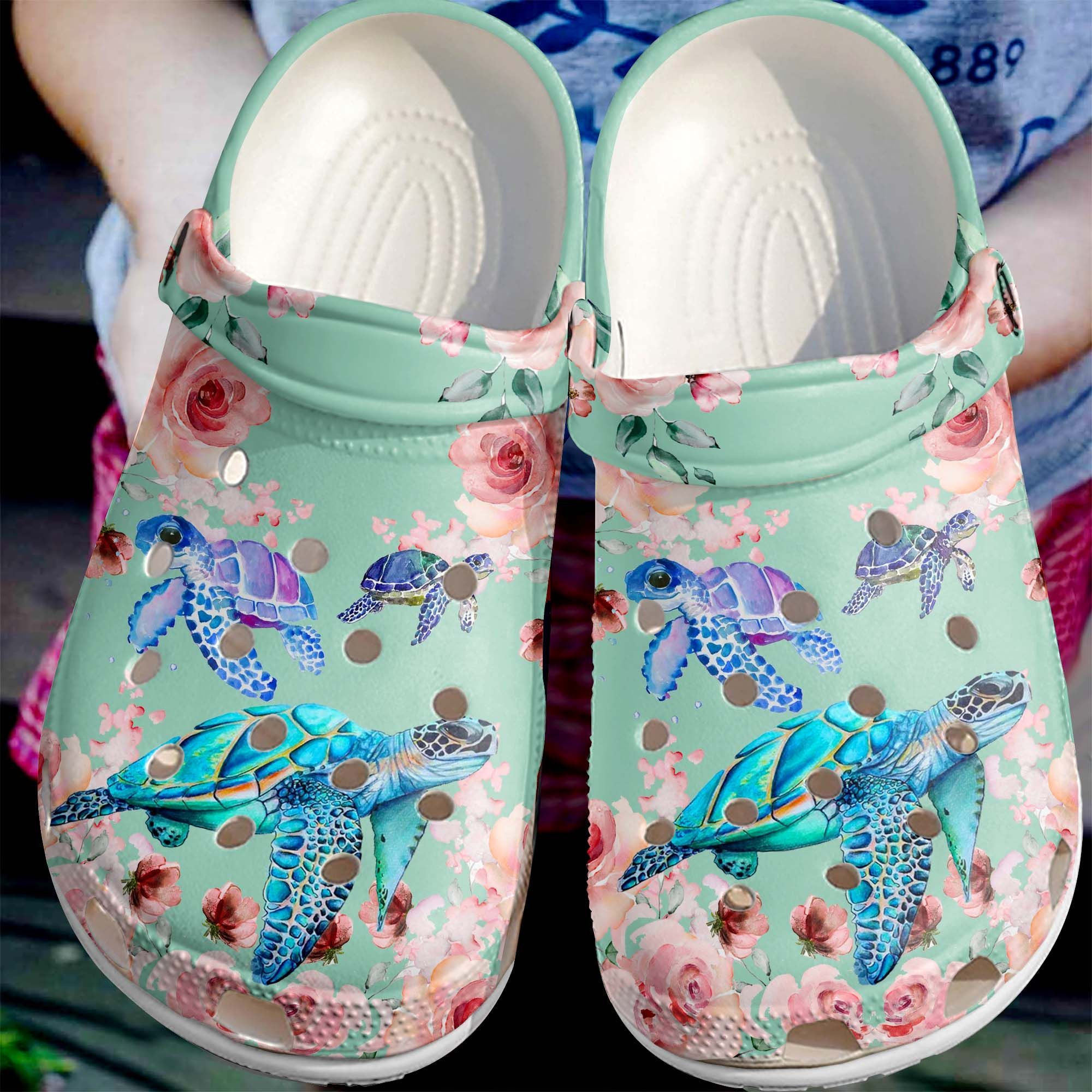 Sea Turtles With Roses Shoes Crocs Beautiful Ocean Flower Shoes Crocbland Clog For Women Mother Sister Daughter Niece Friend