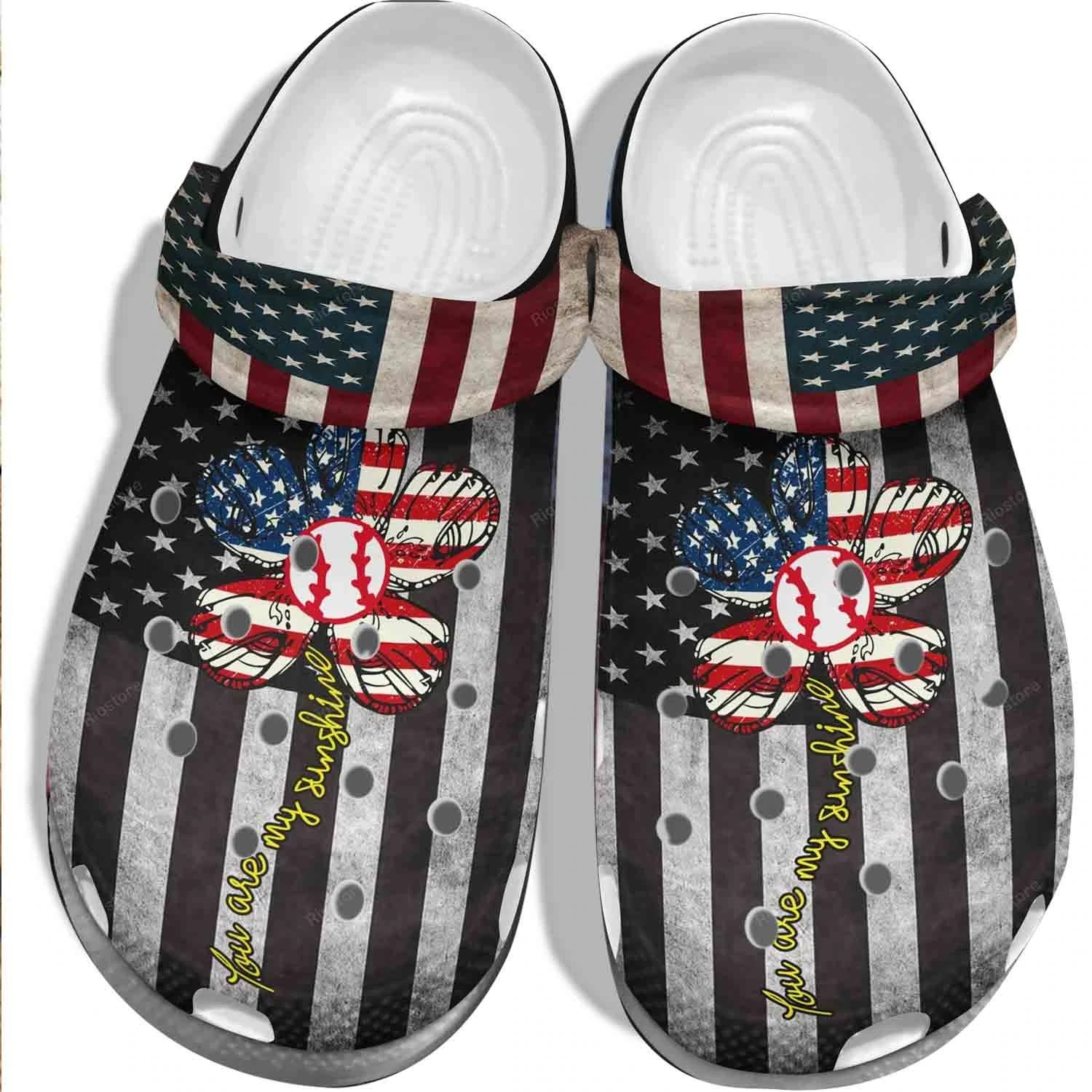 Usa Flag Flower Baseball Crocs For Girl Baseball My Sunshine Shoes Crocbland Clog For Wife Th Of July