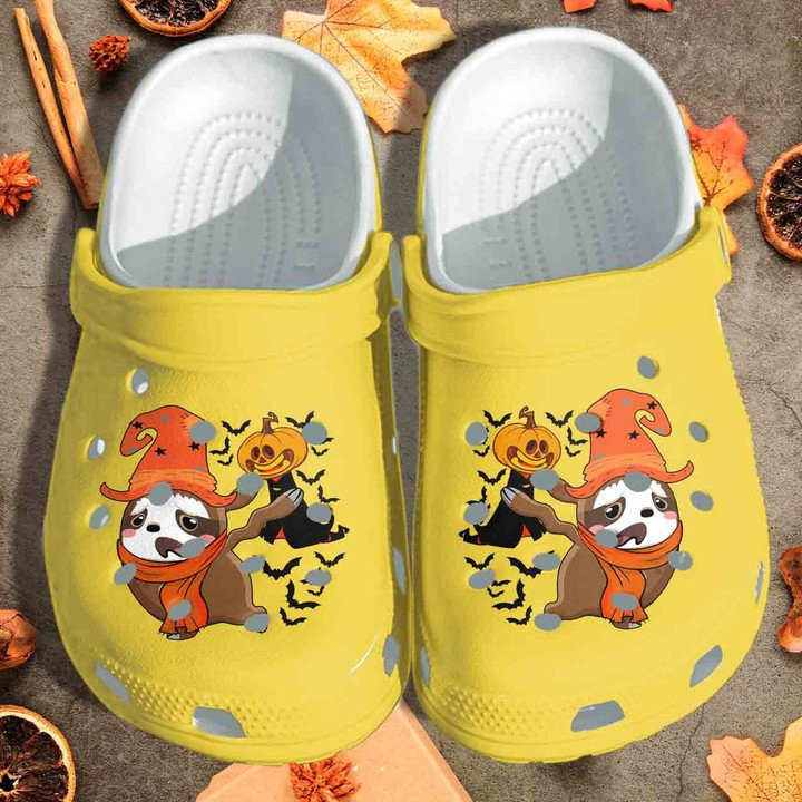 A Sloth Is Afraid Of Pumpkin Ghost Shoes Funny Halloween Pumpkin Crocs Clog