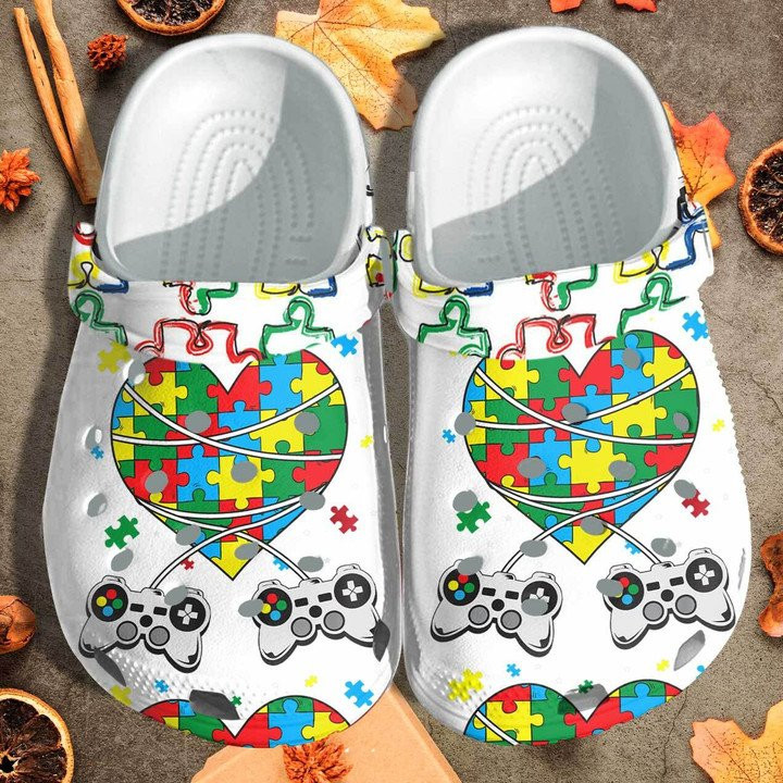 Puzzle Heart Autism Gamer Custom Crocs Classic Clogs Shoes Gift For Boy Kids Game For Autism Outdoor Crocs Classic Clogs Shoes