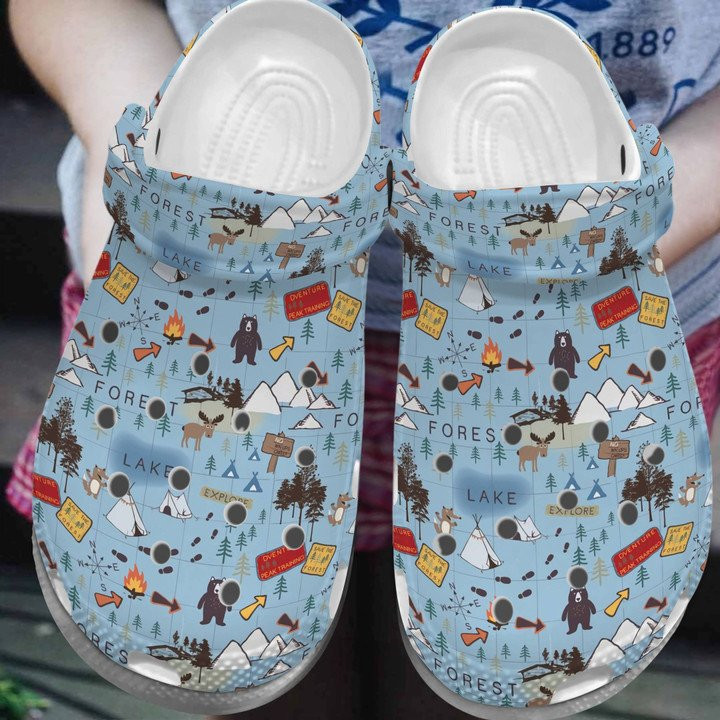 Camping Map Shoes Forest Lake Explore Crocs Clog Gift For Boy Girl