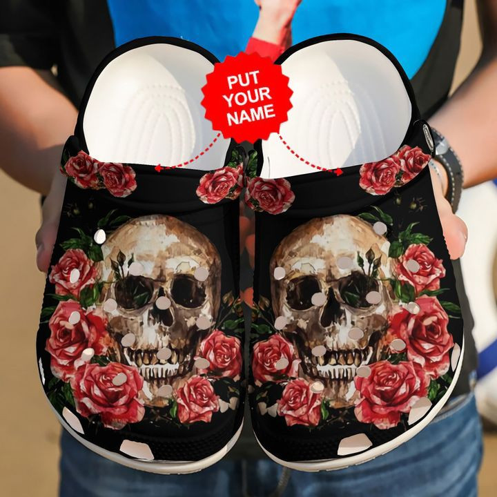 Skull Crocs - Skull And Red Floral Clog Shoes For Men And Women