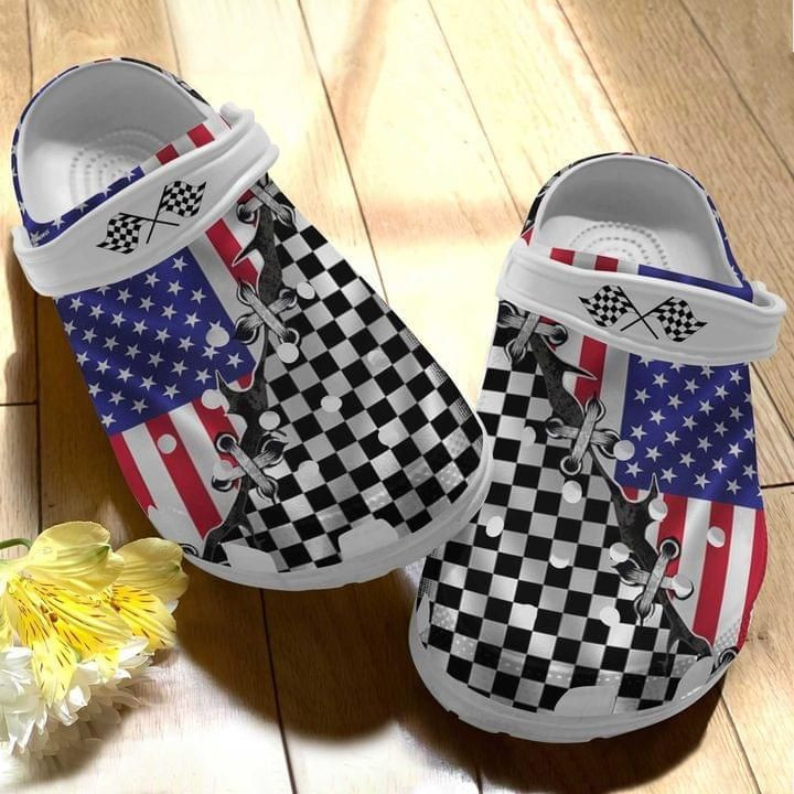 American Flag Racing Gift For Lover Rubber Crocs Clog Shoes Comfy Footwear