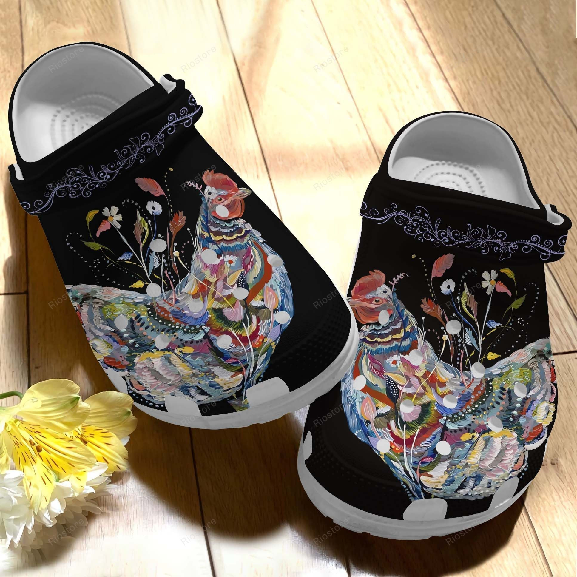 Rooster Art Croc Shoes For Father Day - Colorful Chicken Shoes Crocbland Clog Gifts For Dad Grandpa