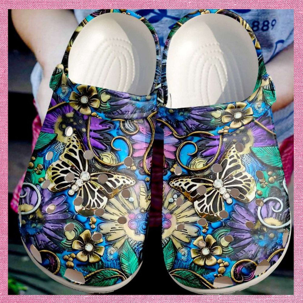 Butterfly Golden Gift For Lover Rubber Crocs Clog Shoes Comfy Footwear