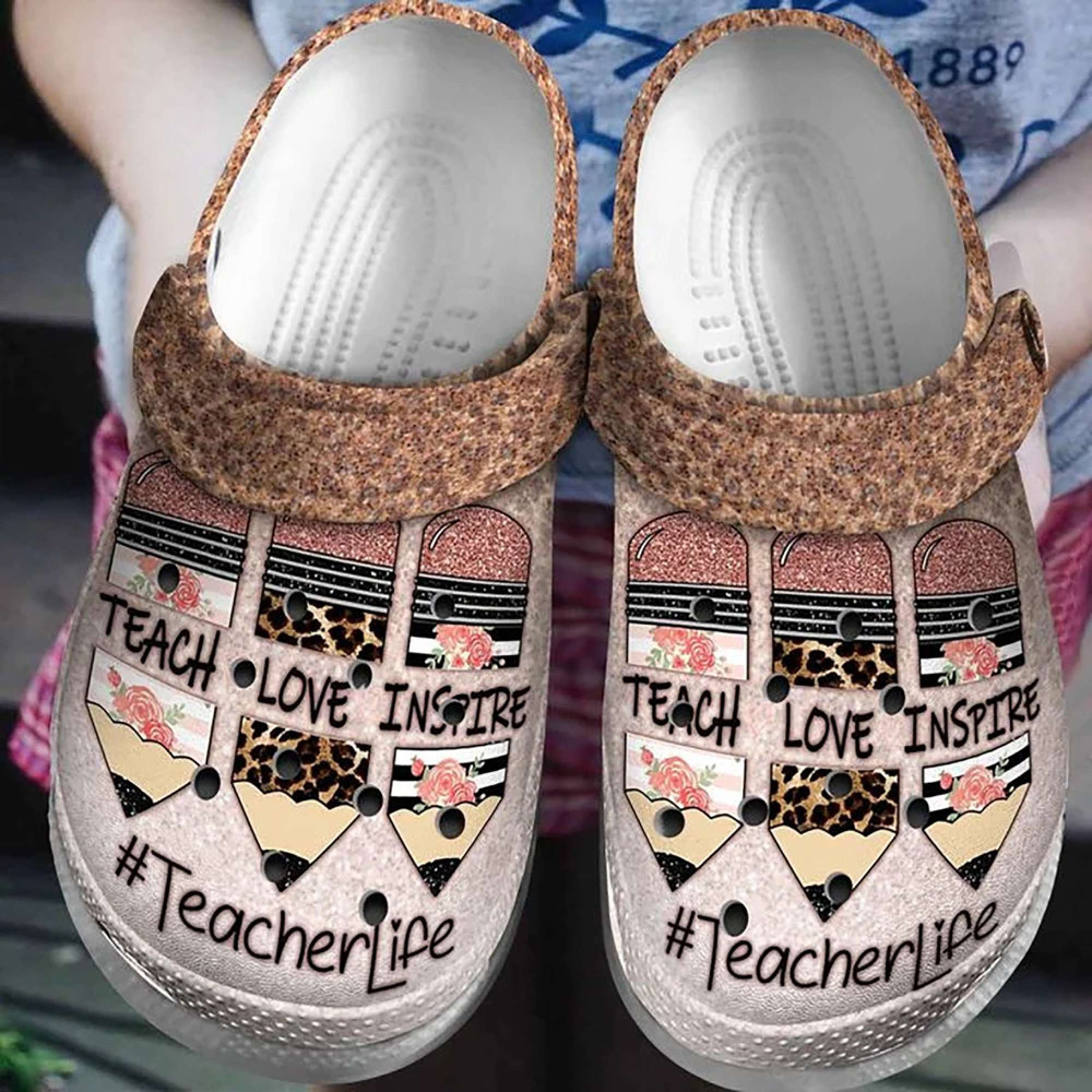 Teacher Life Teach Love Inspire Gift For Fan Classic Water Rubber Crocs Clog Shoes Comfy Footwear