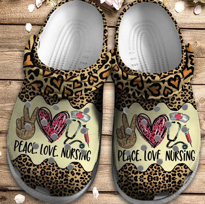 Peace Love Nursing Leopard Skin Gift For Lover Rubber Crocs Clog Shoes Comfy Footwear