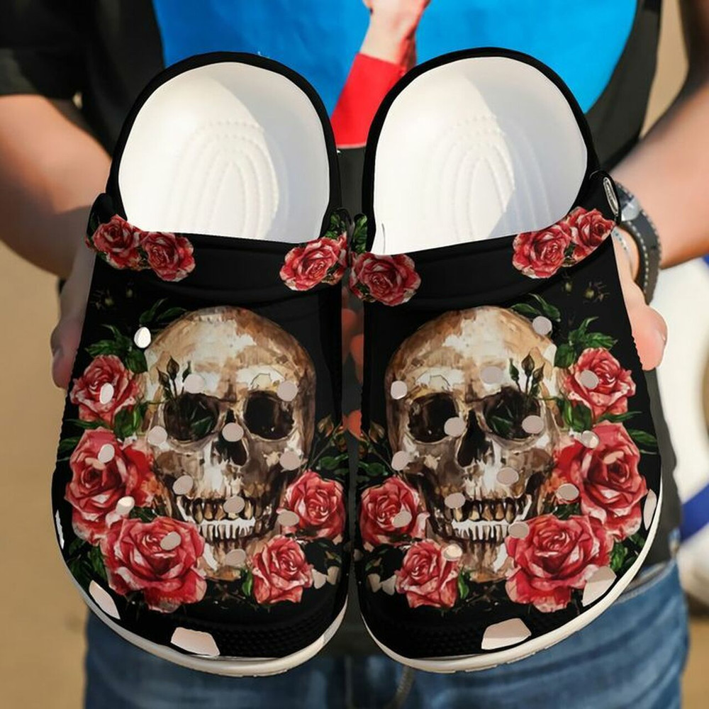 Skull And Red Floral 102 Gift For Lover Rubber Crocs Clog Shoes Comfy Footwear