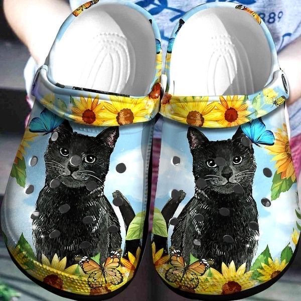 Sunflower And Black Cat Shoes - Cute Animal Crocs Crocbland Clog Birthday Gift For Man Woman