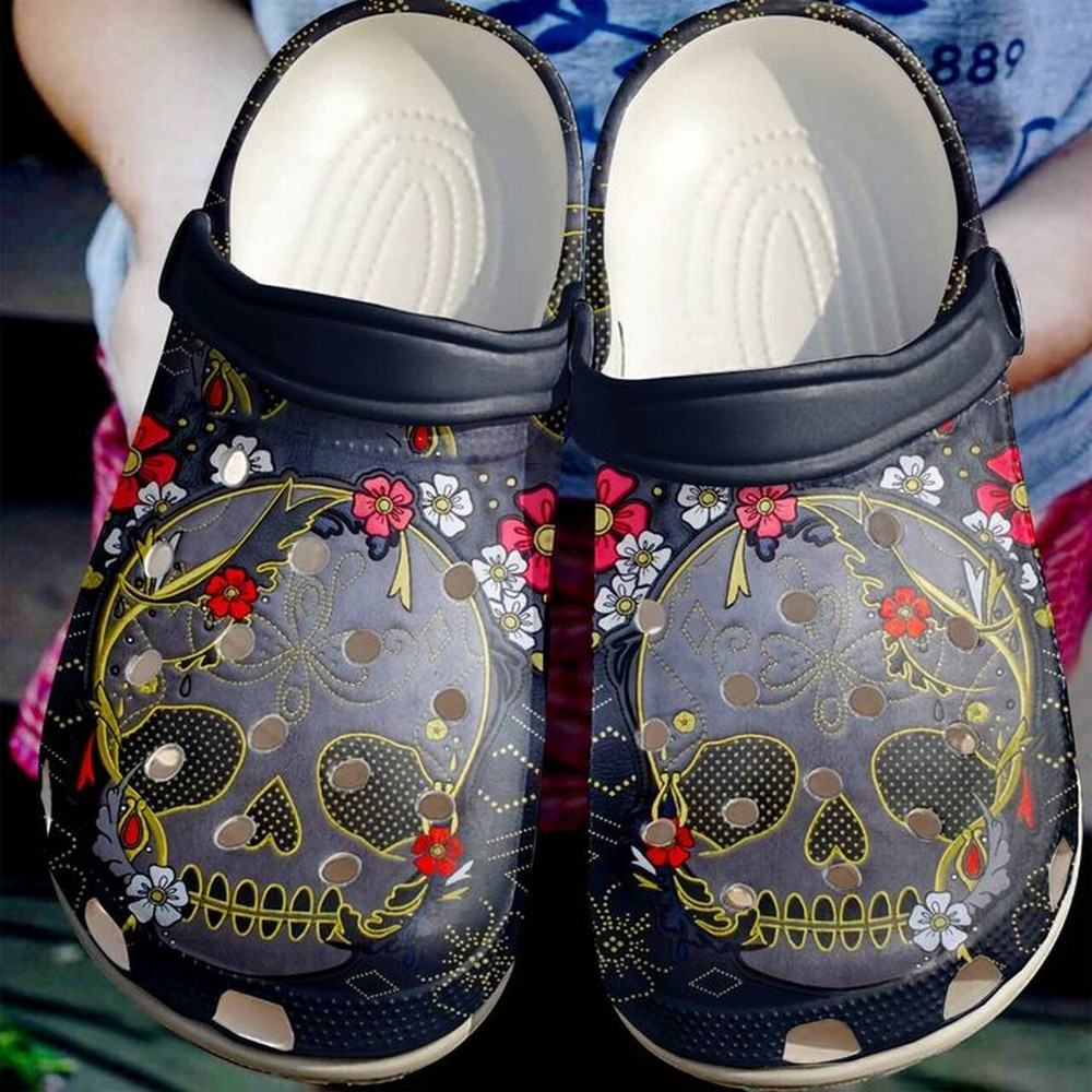 Skull And Flower Floral 102 Gift For Lover Rubber Crocs Clog Shoes Comfy Footwear