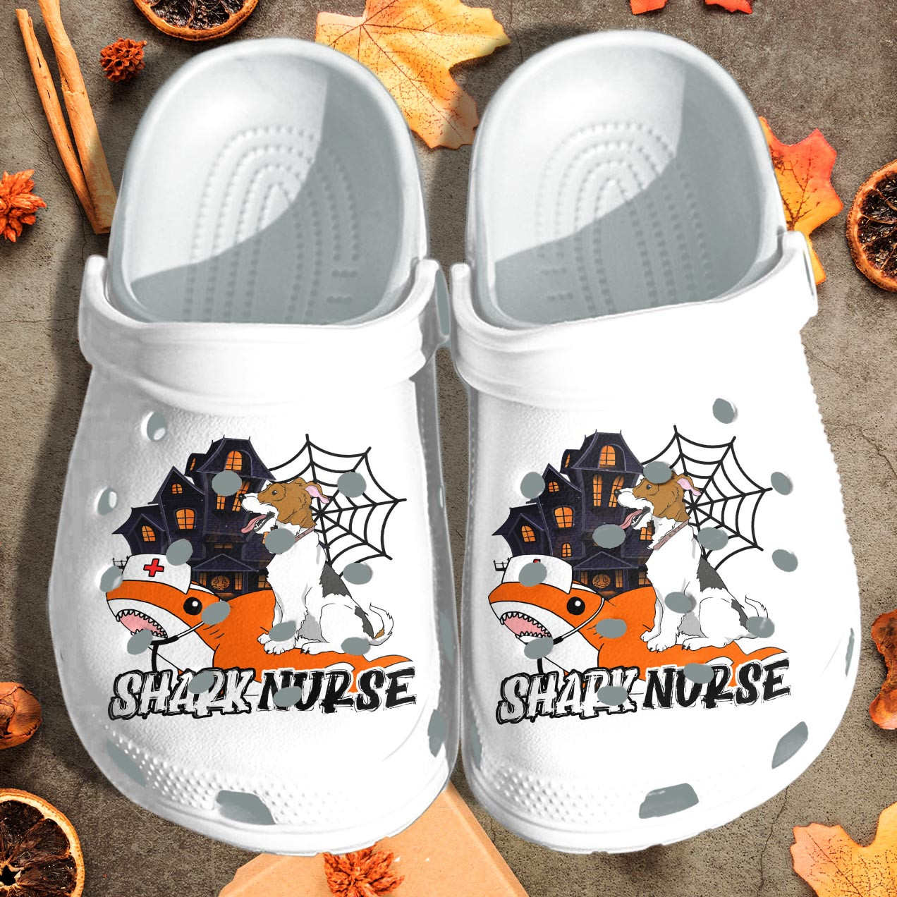 Happy Dog Sitting On Shark Nurse Custom Shoes - Happy Halloween Beach Shoes Birthday Gift For Men Women