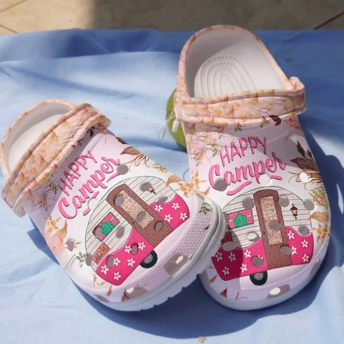 Pink Camping Bus Happy Camper Gift For Lover Rubber Crocs Clog Shoes Comfy Footwear