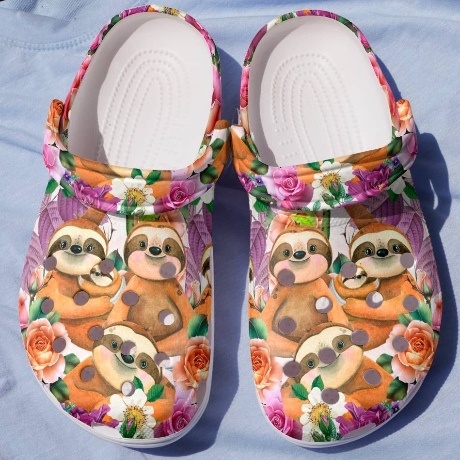 Happy Sloth Family Flower 6 Gift For Lover Rubber Crocs Clog Shoes Comfy Footwear