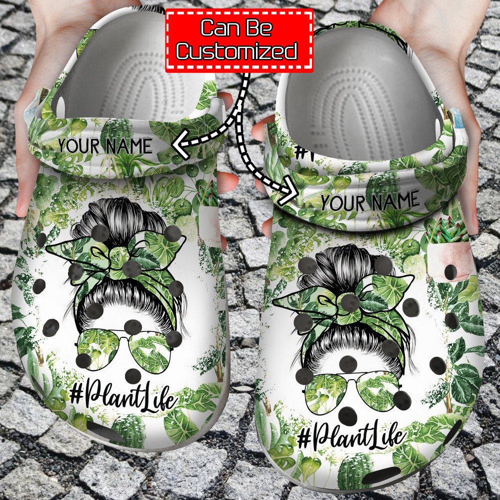 Plant Crocs - Personalized Plant Mom Messy Bun Crazy Plant Lady Clog Shoes For Men And Women
