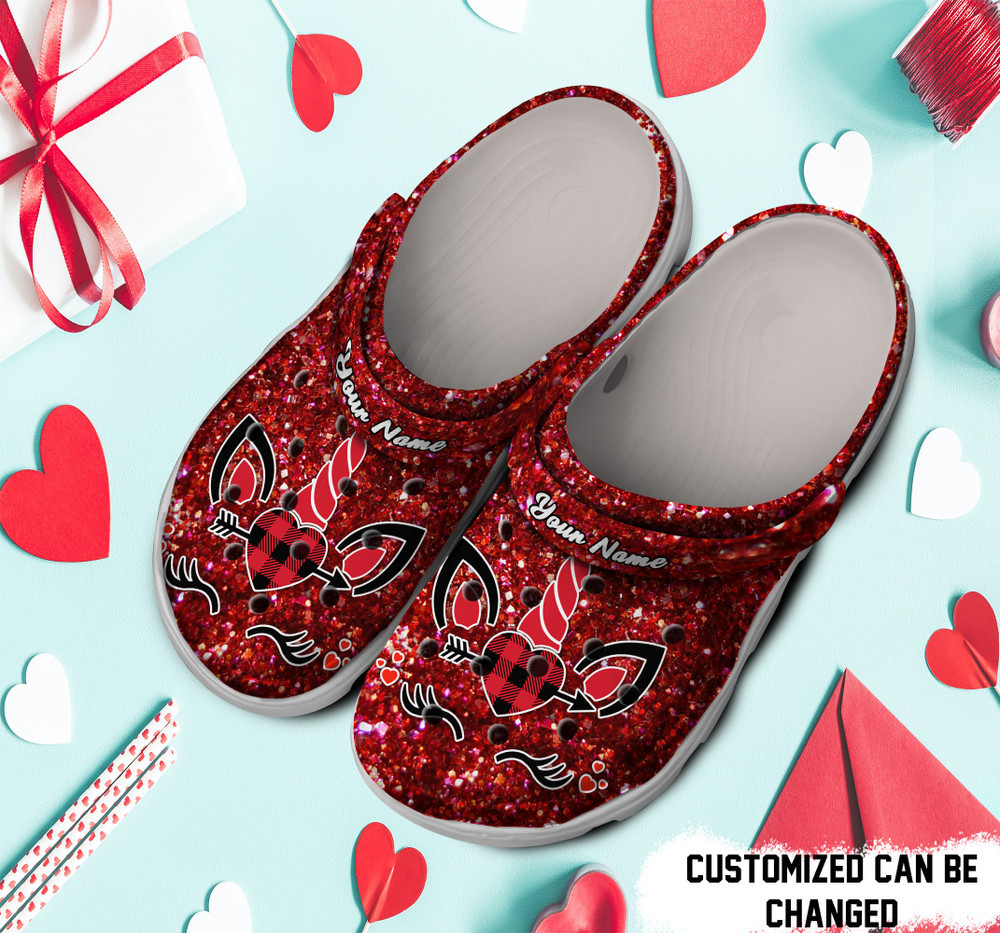 Personalized Unicorn Heart Valentine Glitter Crocs Clog Shoes For Men And Women