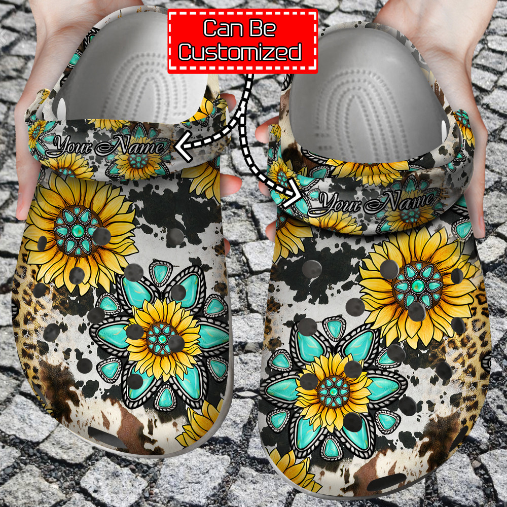 Sunflower Print Crocs - Personalized Cowhide Gemstone Sunflower Clog Shoes For Men And Women