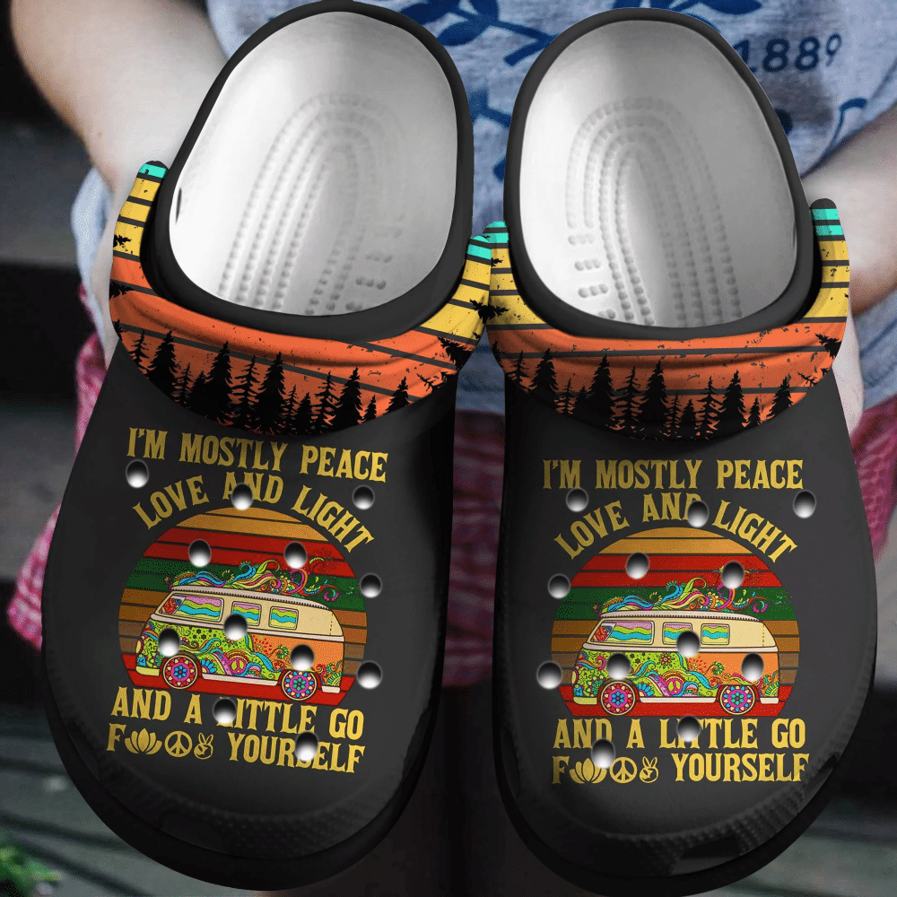 Peace Love And Light Hippie Vans Bus Gift For Lover Rubber Crocs Clog Shoes Comfy Footwear