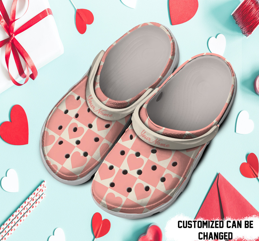 Personalized Valentines Pattern Pink Checkerboard Hearts Crocs Clog Shoes For Men And Women