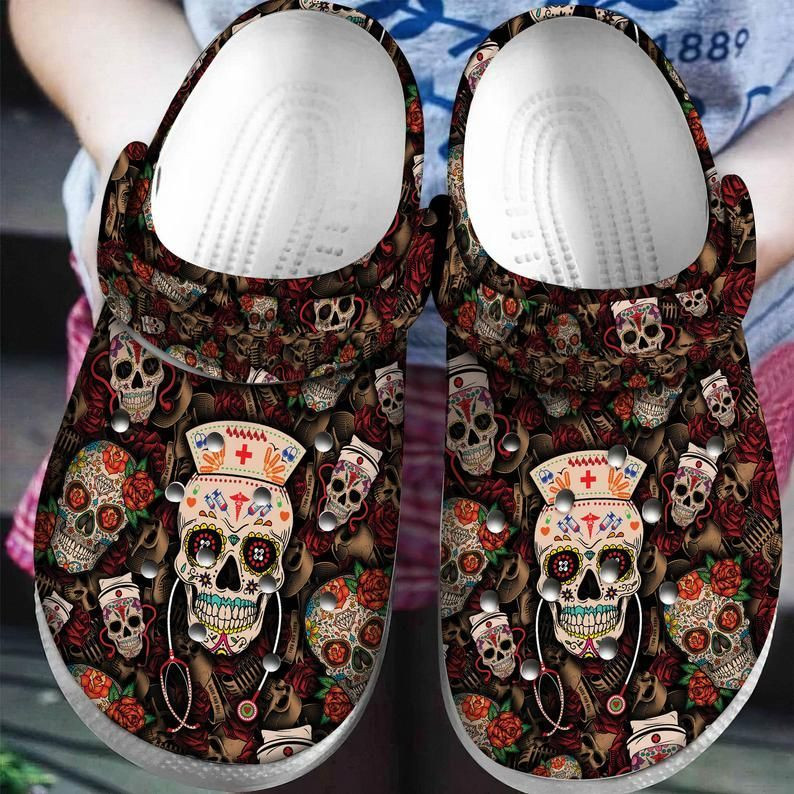 Nurse Skulls Nurse Pattern Rose Skulls Nurse Rubber Crocs Clog Shoes Comfy Footwear