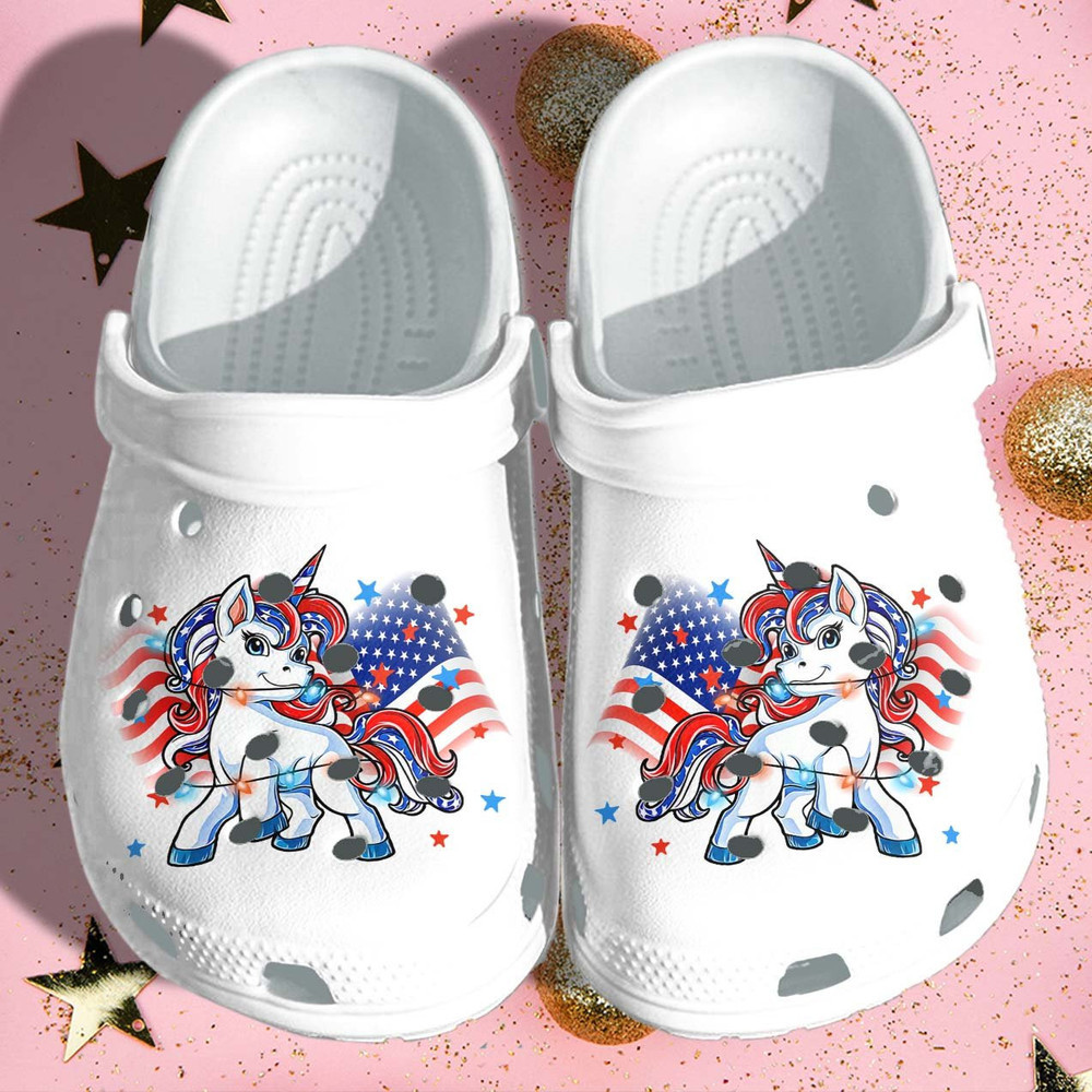 Unicorn America Flag Shoes Crocs 4Th Of July Day Gifts - Cute Unicorn Croc Shoes For Boys Girls