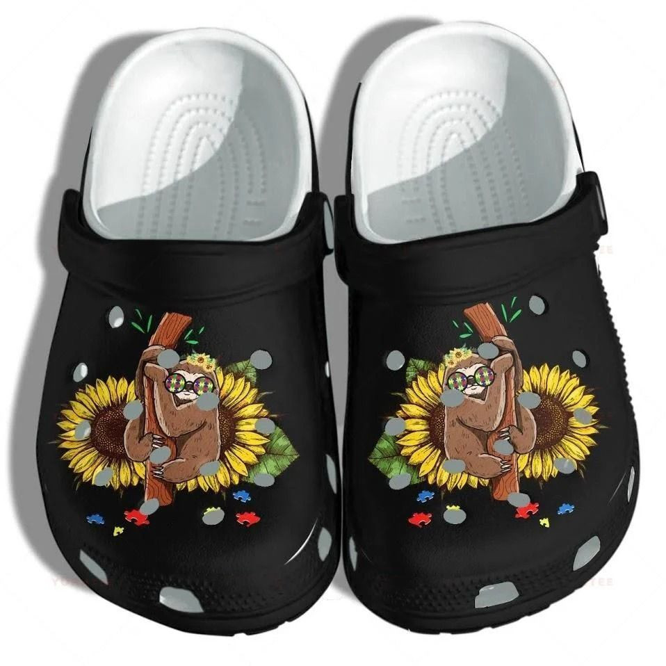 Sloth Sunflower Puzzle Autism Awareness Puzzle Gift For Lover Rubber Crocs Clog Shoes Comfy Footwear