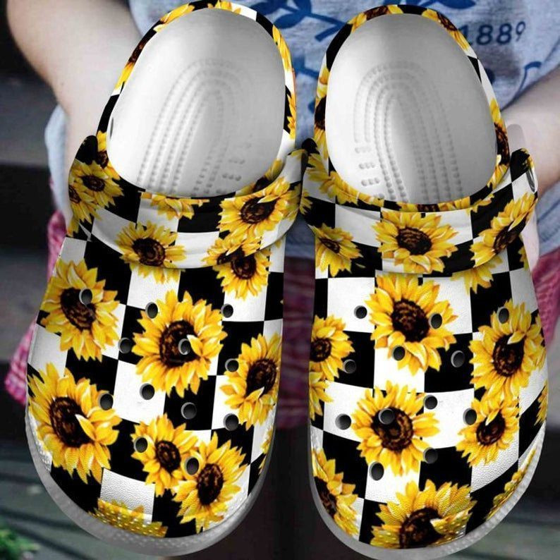 Sunflower White And Black Rubber Crocs Clog Shoes