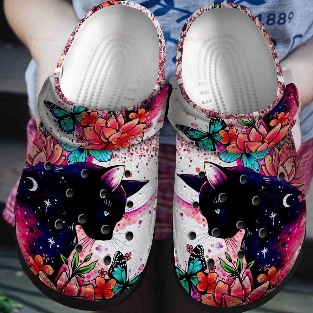 Romantic Black Cat Tropical Flower Gift For Lover Rubber Crocs Clog Shoes