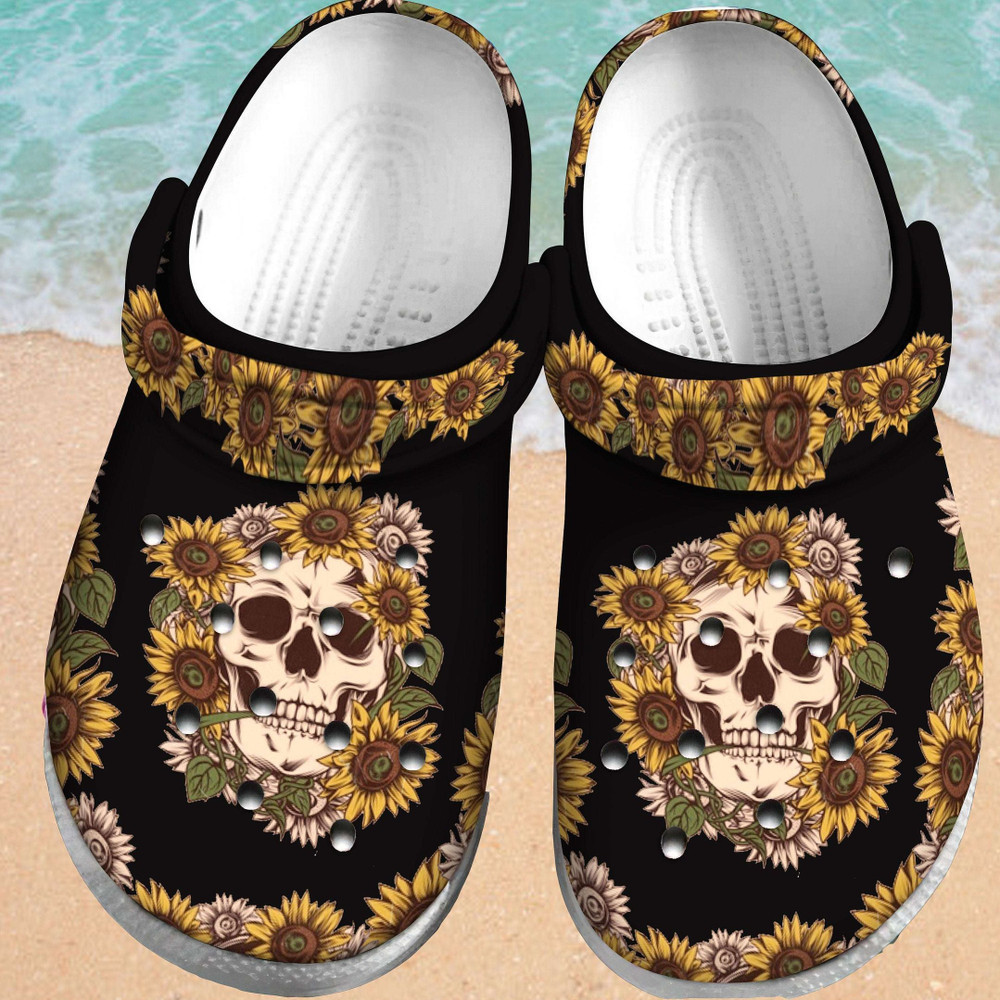 Sunflower Skull Gift For Lover Rubber Crocs Clog Shoes