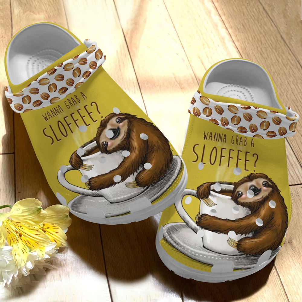 Wanna Grab A Sloffee Cute Sloth Gift For Lover Rubber Crocs Clog Shoes