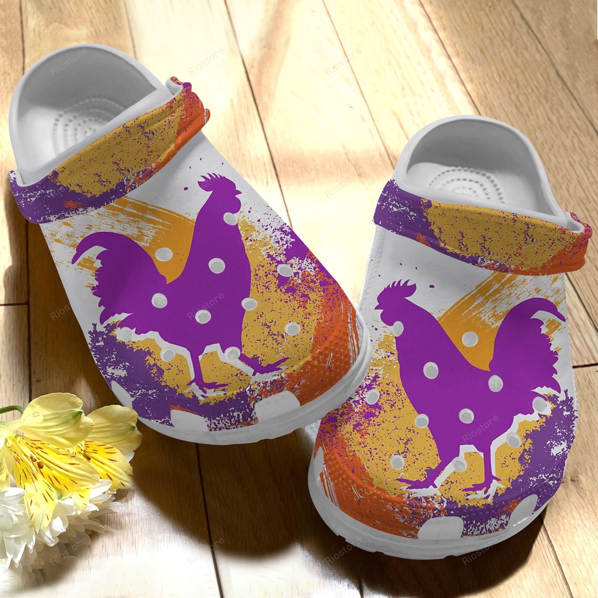 Purple And Yellow Chicken Croc Shoes For Mother Day - Colorful Shoes Crocbland Clog Gifts For Mom Daughter