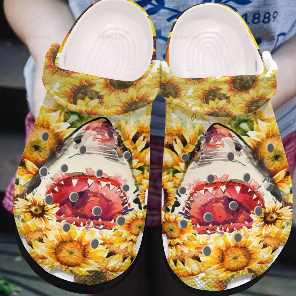 Shark Watercolor Sunflower Gift For Lover Rubber Crocs Clog Shoes