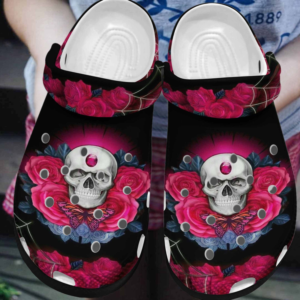 Roses Skullcap Butterfly Cool Gift For Lover Rubber Crocs Clog Shoes