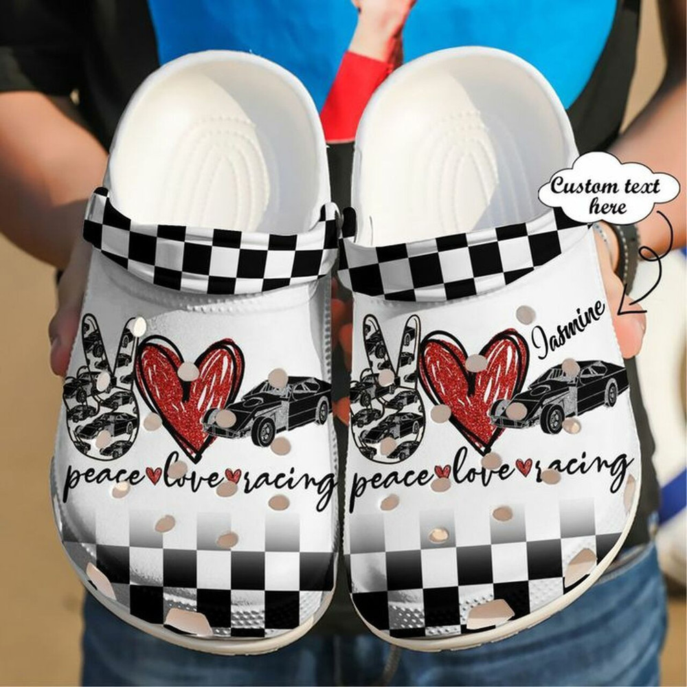 Racing Personalized Peace Love 102 Rubber Crocs Clog Shoes